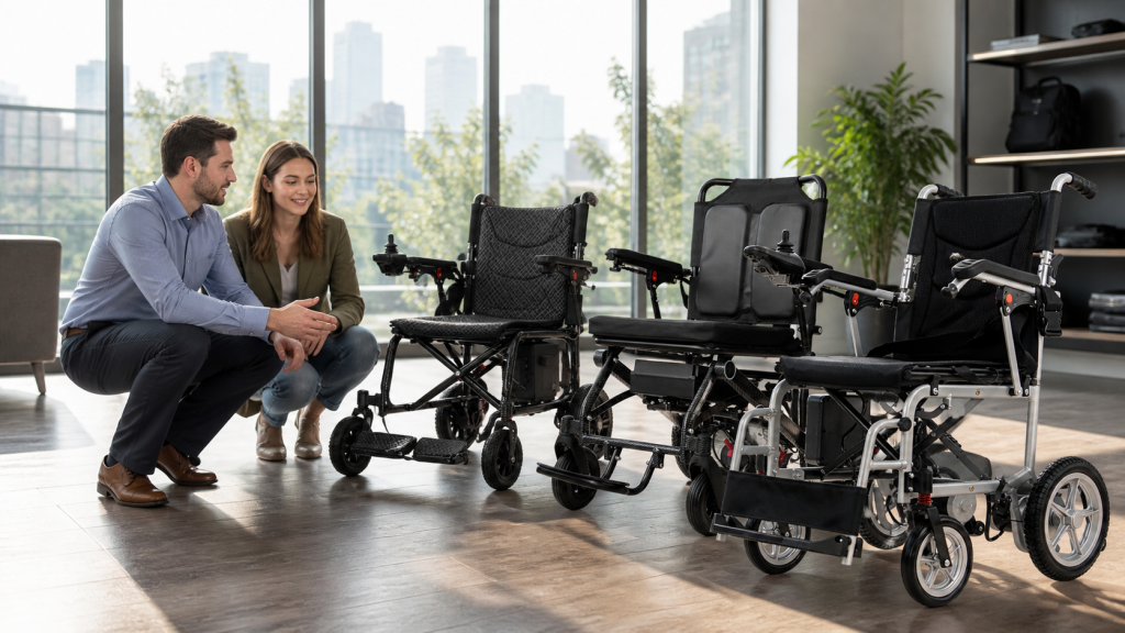 Buyer and product specialist reviewing three electric wheelchairs