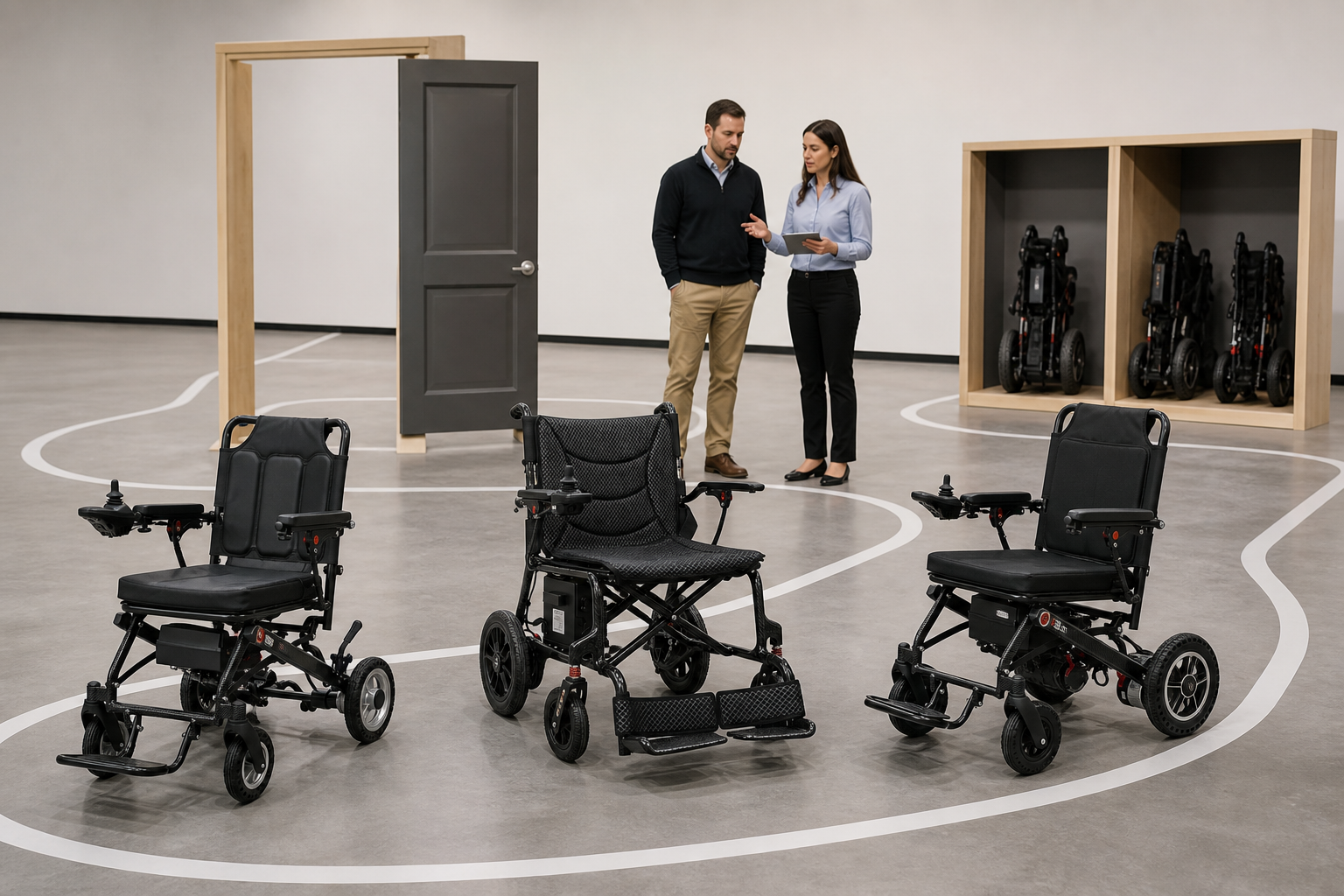 Three electric wheelchairs staged on one evaluation route