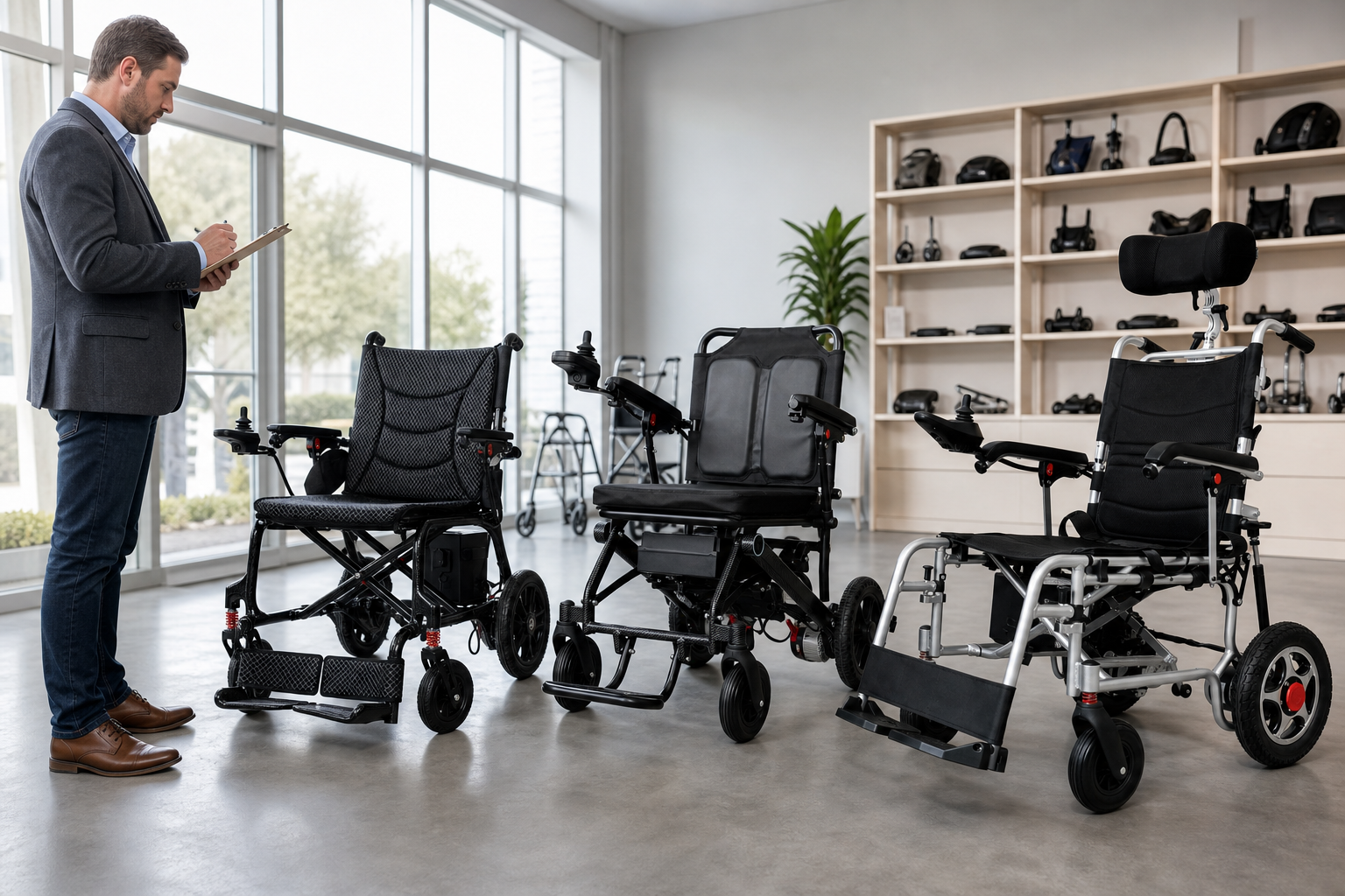 Distributor buyer comparing electric wheelchairs in a showroom