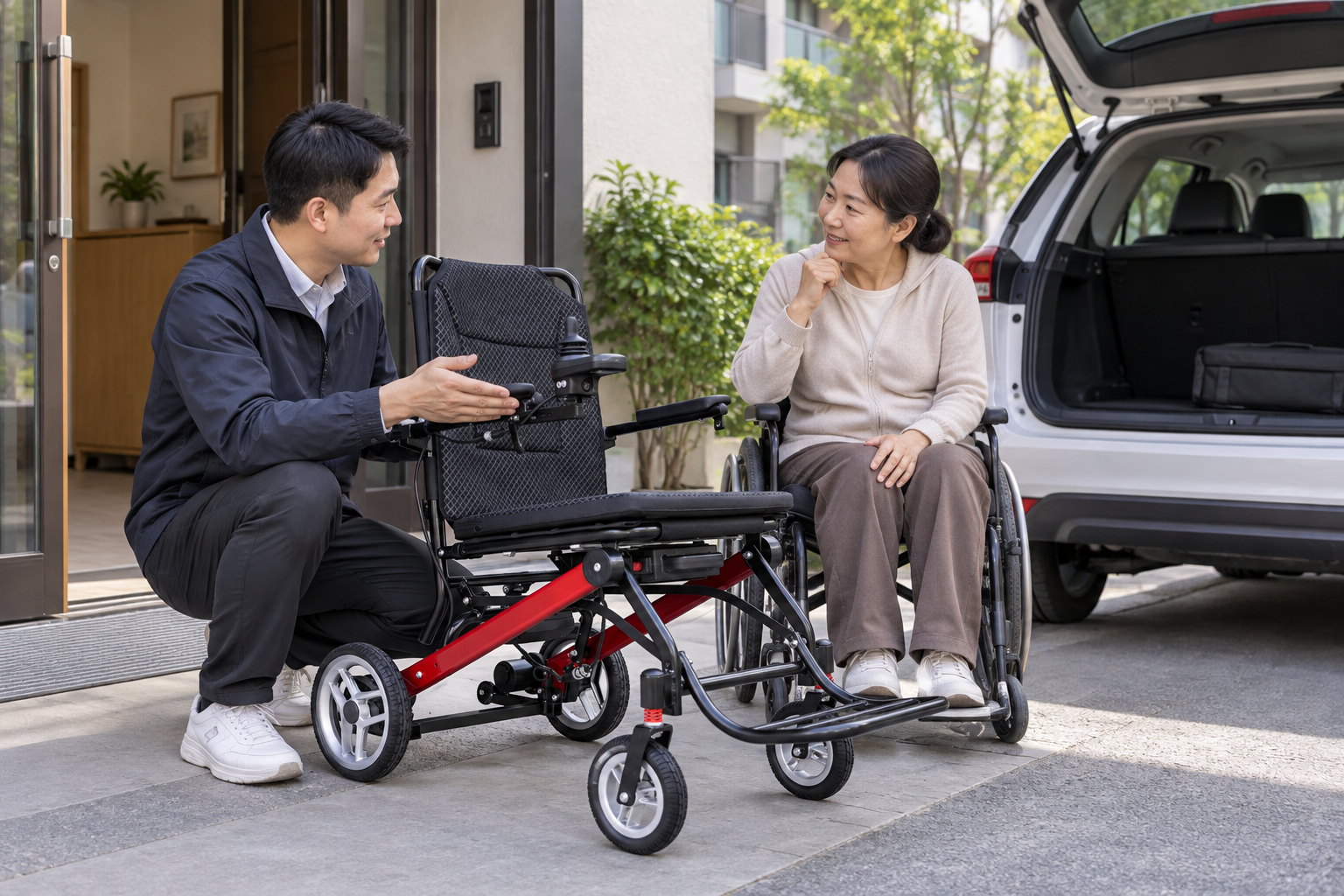 A mobility specialist discusses daily routes beside a lightweight electric wheelchair and an open car trunk