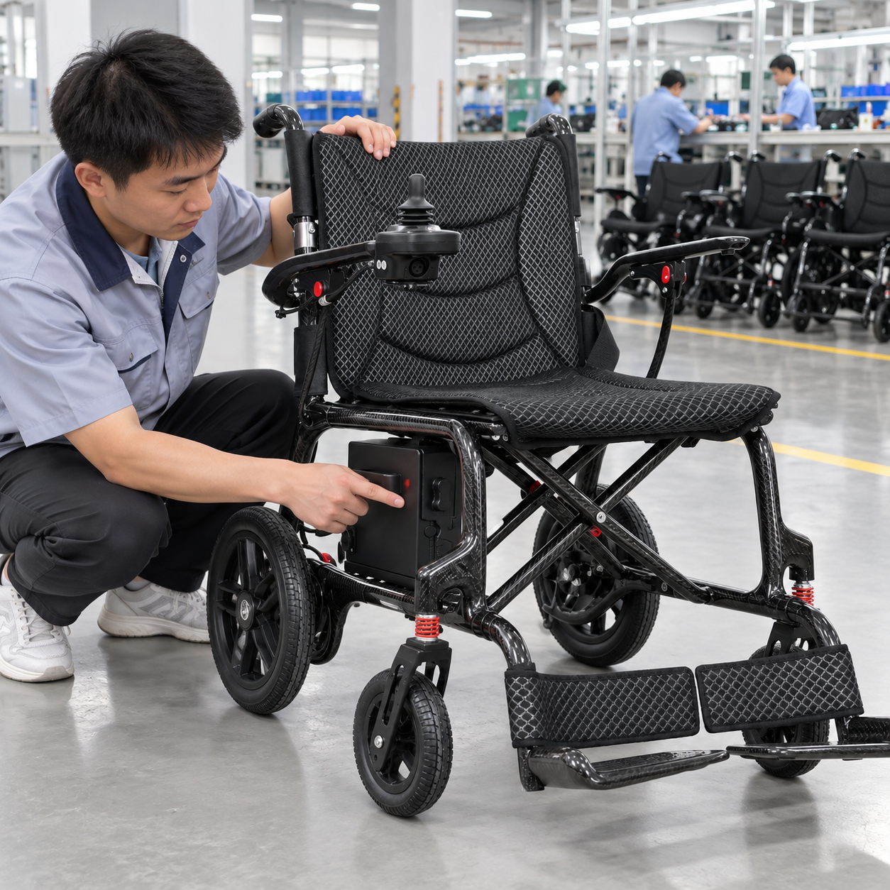 A factory technician inspects the battery and folding frame of a lightweight electric wheelchair