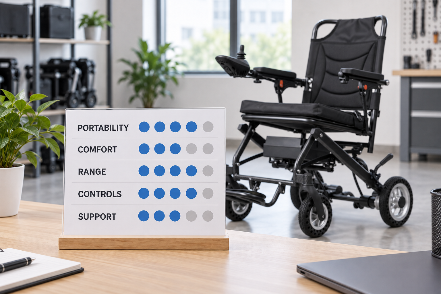 A clear five-factor wheelchair buyer scorecard for portability comfort range controls and support