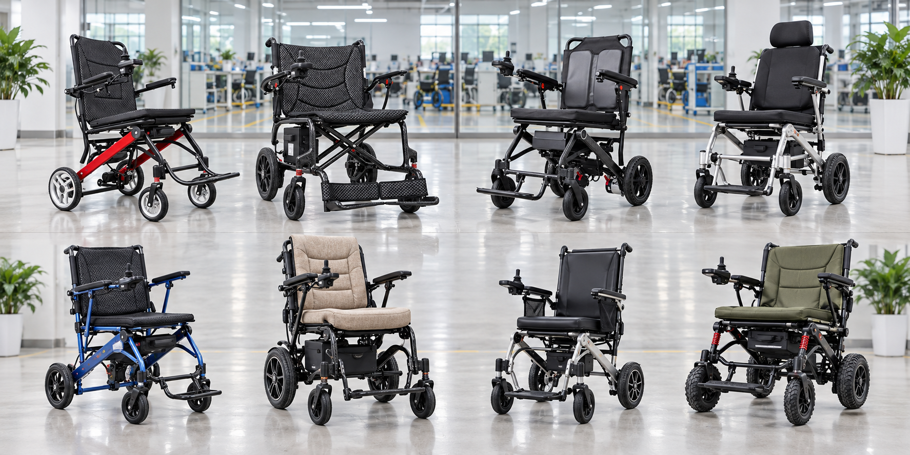 Eight distinct lightweight electric wheelchair profiles arranged for a buyer comparison