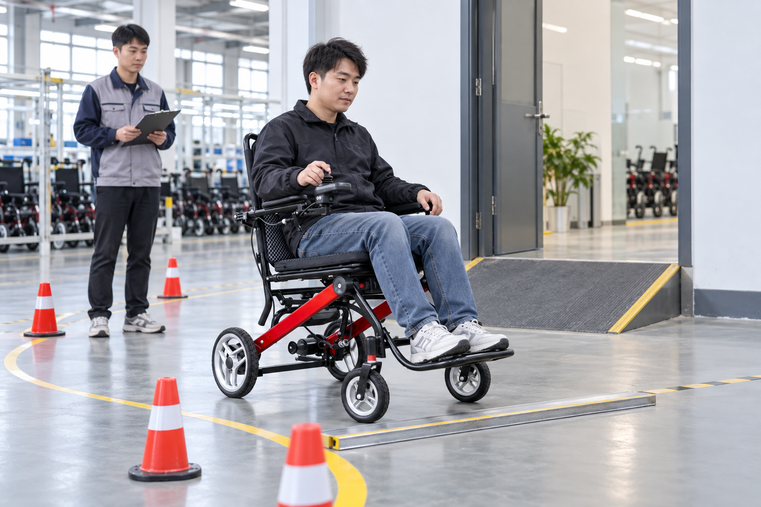 A supervised lightweight electric wheelchair test drive on a factory route course
