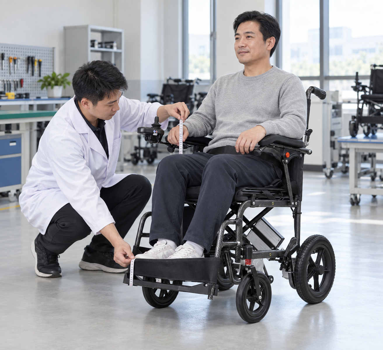 A seated-fit evaluation measures armrest height and footrest position on a power wheelchair