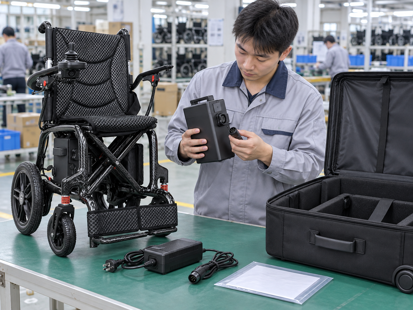 A factory technician checks a removable wheelchair battery charger and travel case