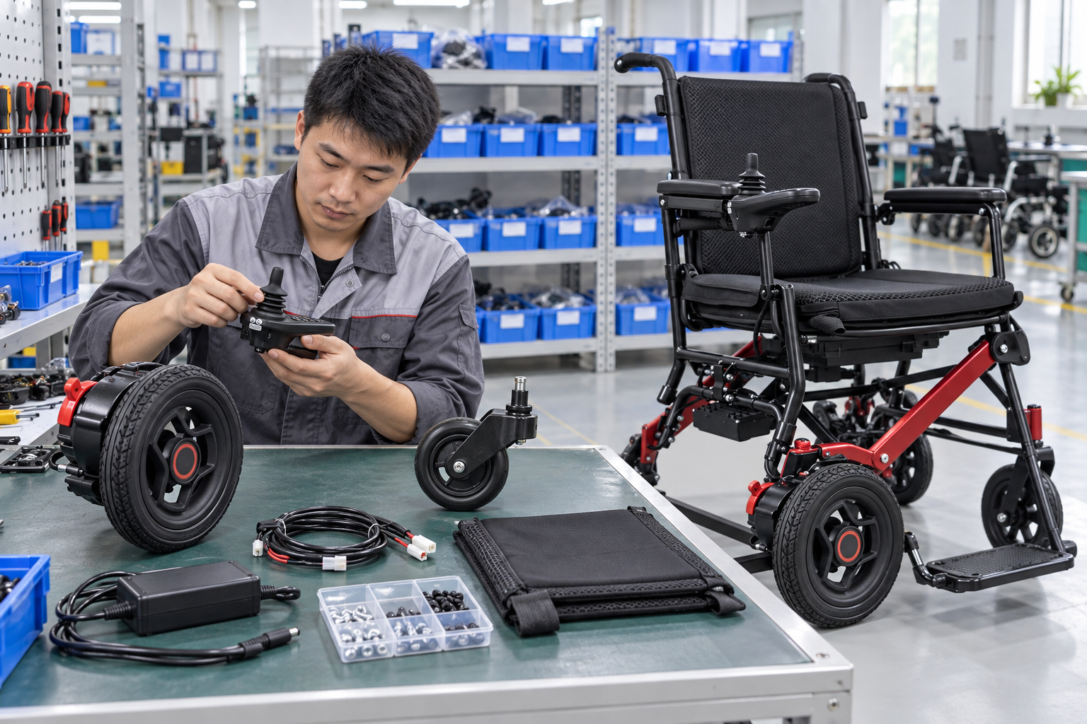 A wheelchair service technician organizes a joystick motor wheel charger and spare parts
