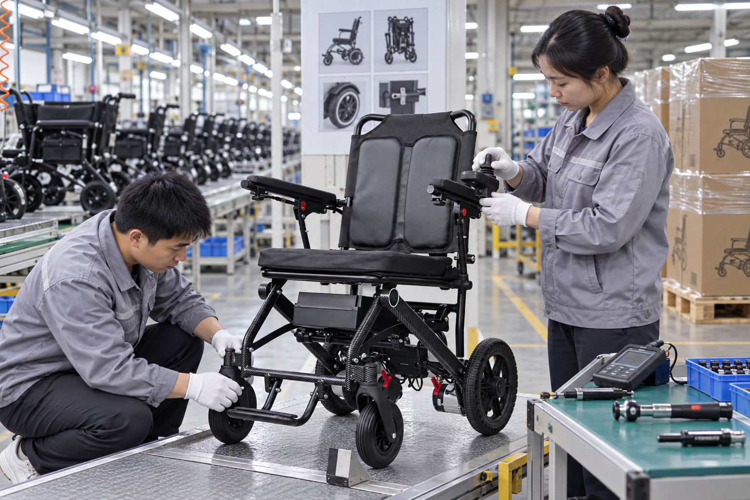 Two quality technicians inspect a lightweight electric wheelchair before wholesale packing