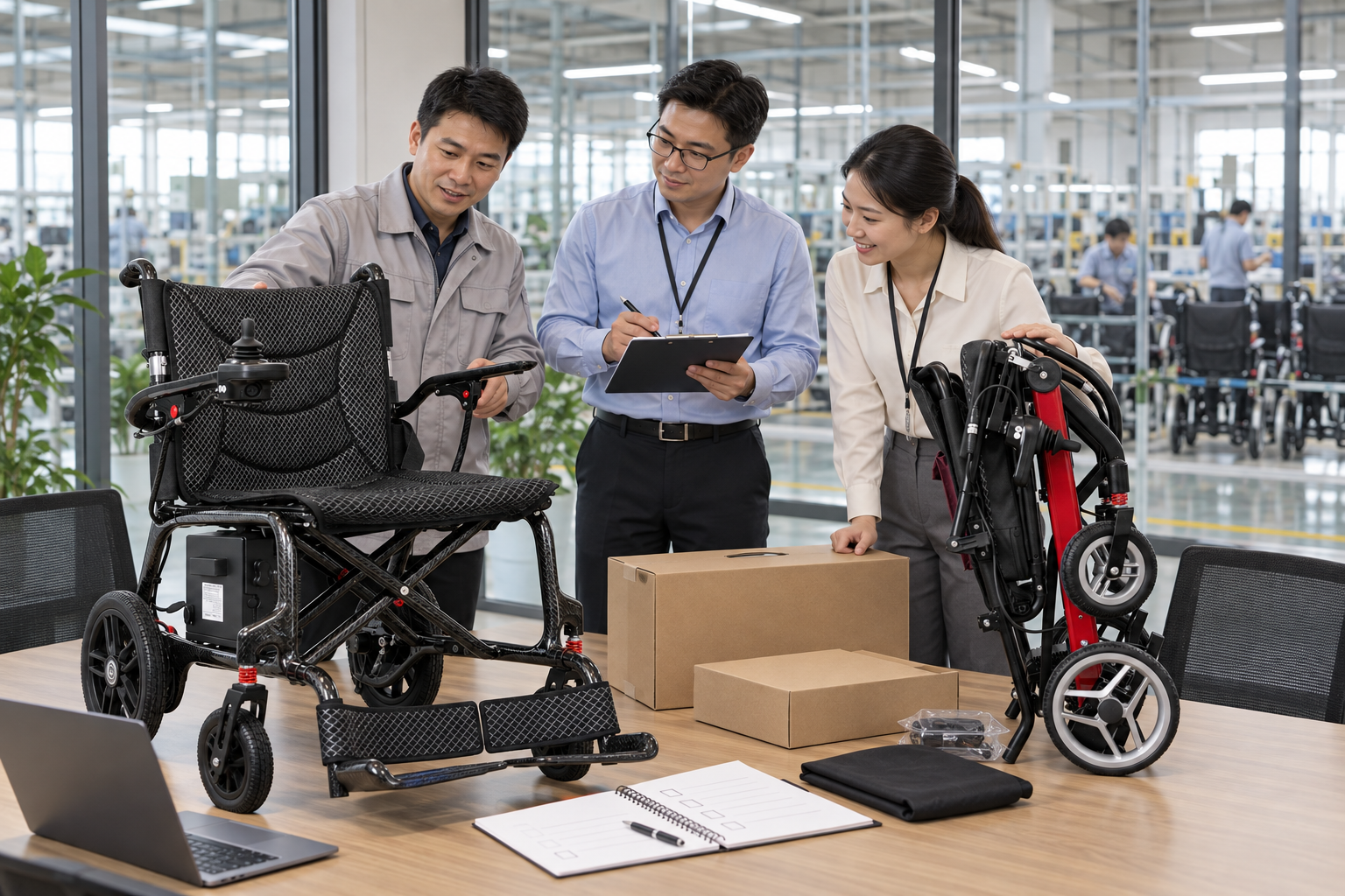 A factory team reviews an open and folded electric wheelchair sample before an order