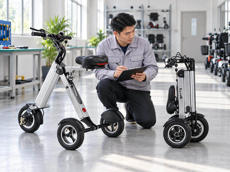 Folding mobility scooter assessment showing the open and folded product