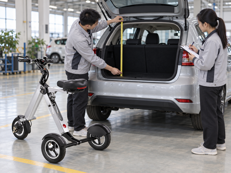 Portable mobility scooter beside a car during a boot-opening assessment