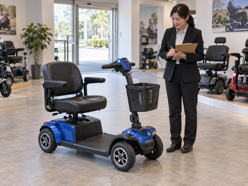 Generic illustrative four wheel mobility scooter being reviewed in a showroom