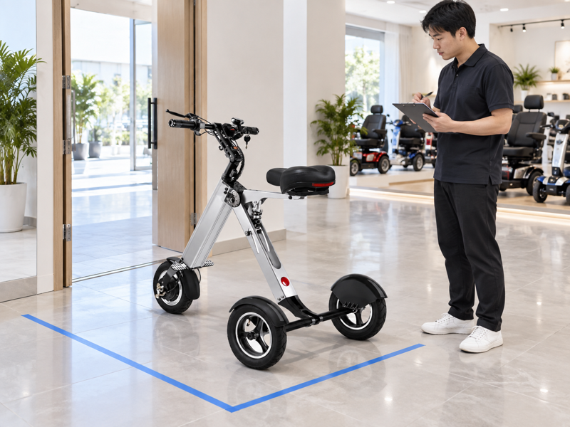 Three wheel mobility scooter beside a mock doorway for a route assessment