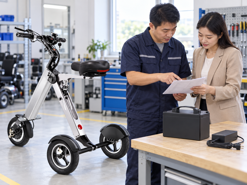 Mobility scooter battery replacement enquiry with a technician reviewing product records