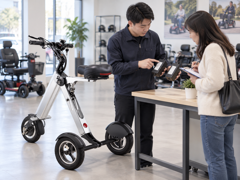 Mobility scooter charger selection review with an adviser checking model records