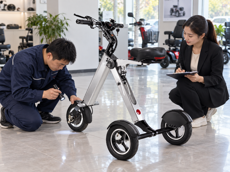 Mobility scooter tyre inspection with a technician reviewing the mounted front wheel