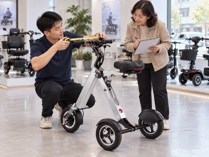 Mobility scooter seat and handlebar reach review in a product showroom