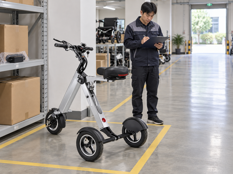 Mobility scooter storage bay with a clear aisle and separately stored charger
