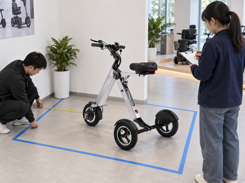 Mobility scooter turning-space review in a marked mock corridor