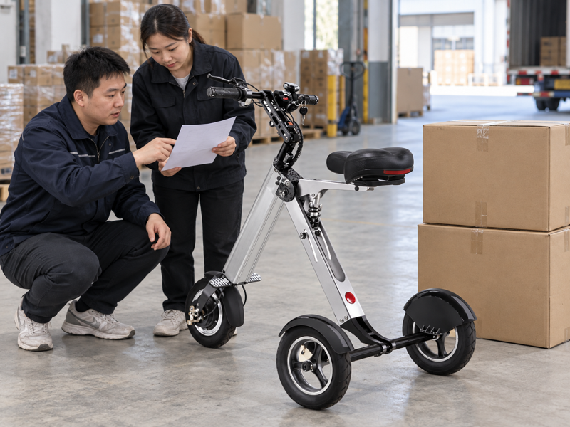 Illustrative mobility scooter wholesale order review with a packing list and cartons