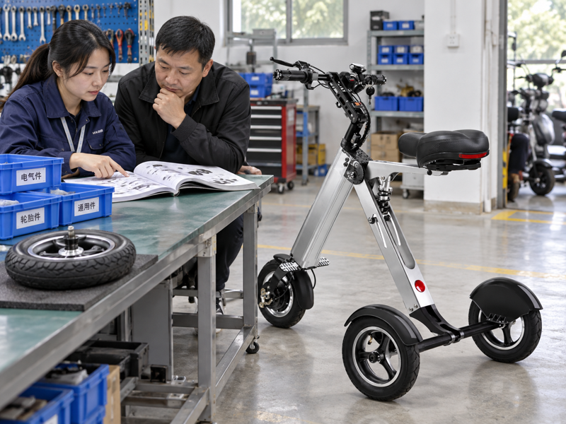 Illustrative mobility scooter spare-parts review with model records and a service bench
