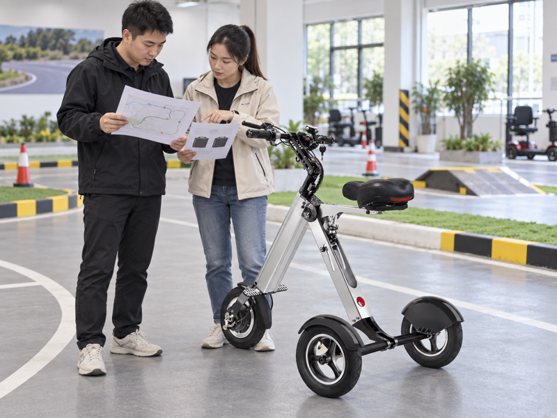 Illustrative mobility scooter range evidence review beside a route map and product sample