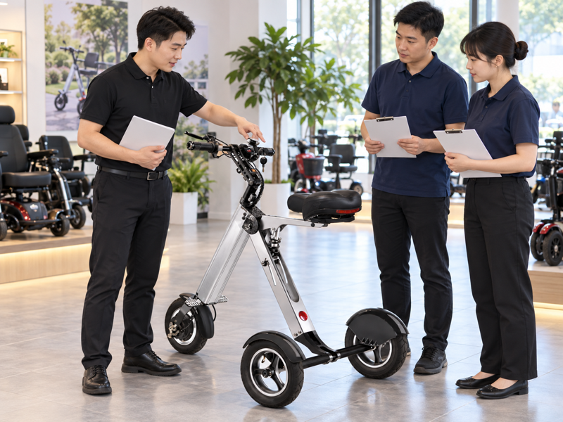 Illustrative mobility scooter demonstration with a trainer and dealer staff beside an empty product