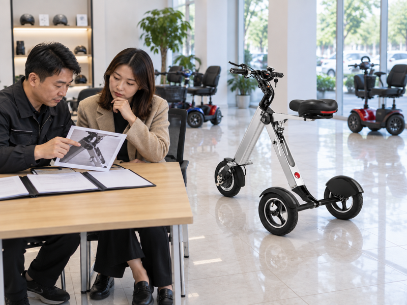 Illustrative mobility scooter warranty evidence review with a dealer and service adviser