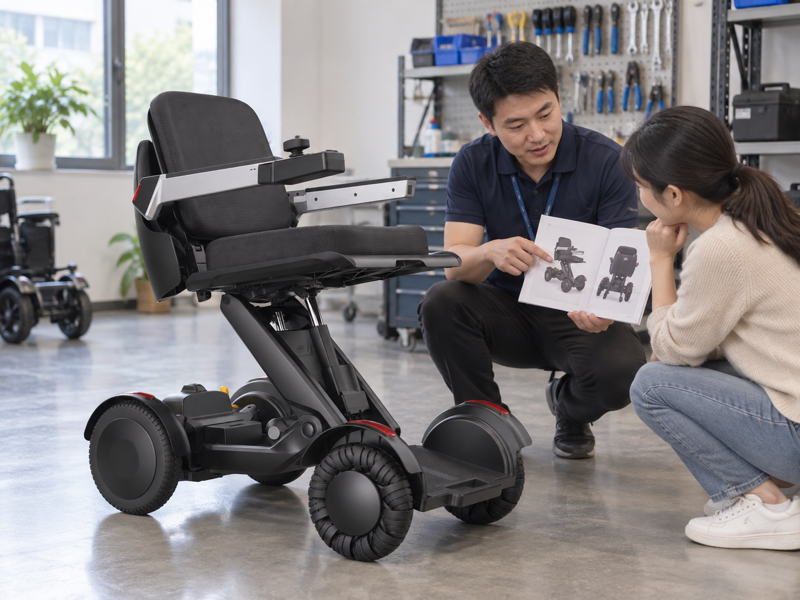 Illustrative electric wheelchair brake-system review beside a supplied power-chair layout