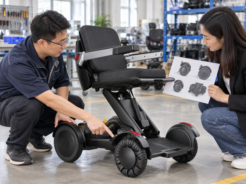 Illustrative comparison of front and rear wheel layouts during a wheelchair tyre enquiry