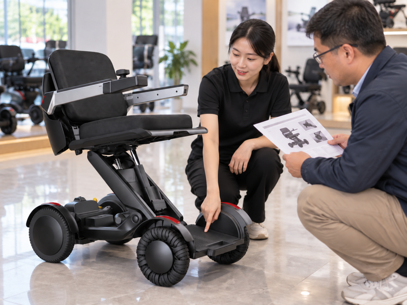 Illustrative electric wheelchair foot-platform review with a product adviser and dealer