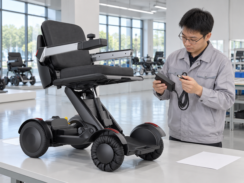 Illustrative inspection of a charger beside a complete joystick-controlled electric wheelchair