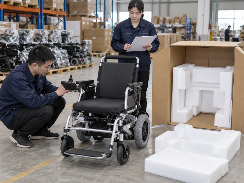 Illustrative warehouse review of a complete powered wheelchair beside its protective carton