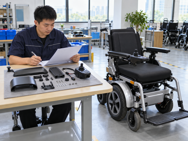 Illustrative technician review of powered wheelchair components and a blank parts record
