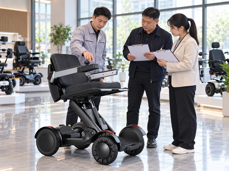Illustrative China showroom review of a powered wheelchair first stock order
