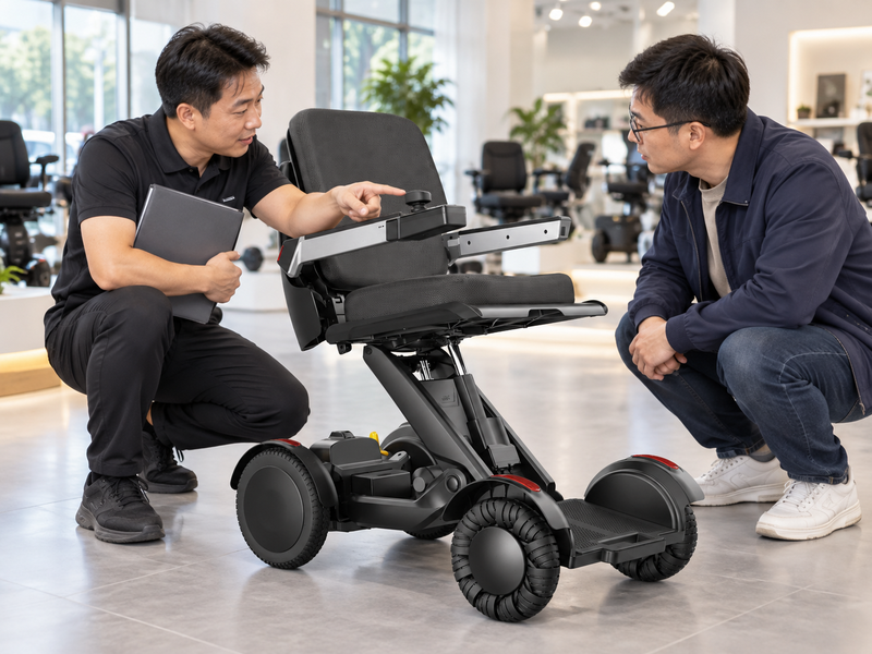 Illustrative electric wheelchair instruction review in a China product showroom