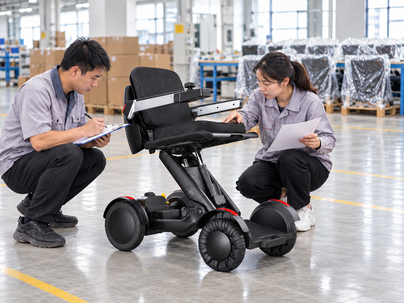Illustrative factory receiving inspection of a powered wheelchair before dispatch