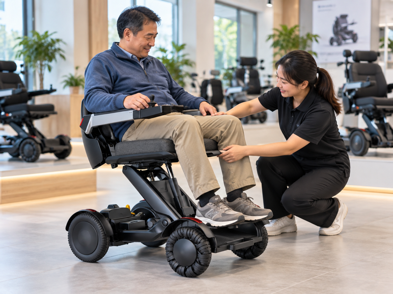 Illustrative seating review beside a joystick-controlled electric wheelchair