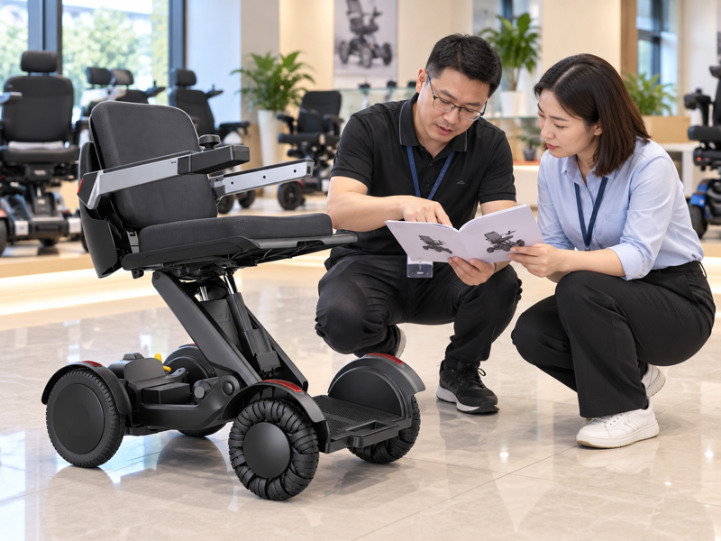Illustrative dealer training review beside a stationary electric wheelchair