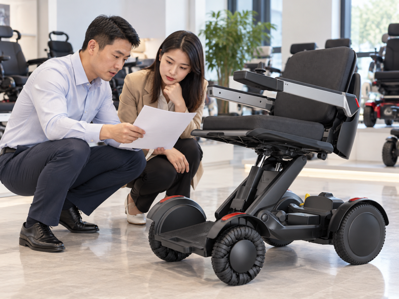 Illustrative electric wheelchair quotation review in a China showroom