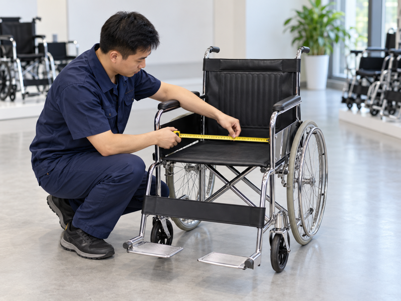 Illustrative manual wheelchair seat opening check beside a complete folding chair