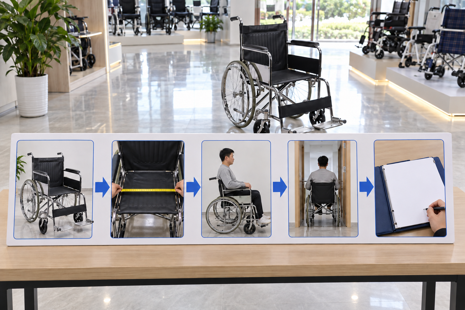 Photographic visual workflow chart for manual wheelchair seat width with a blank pending record