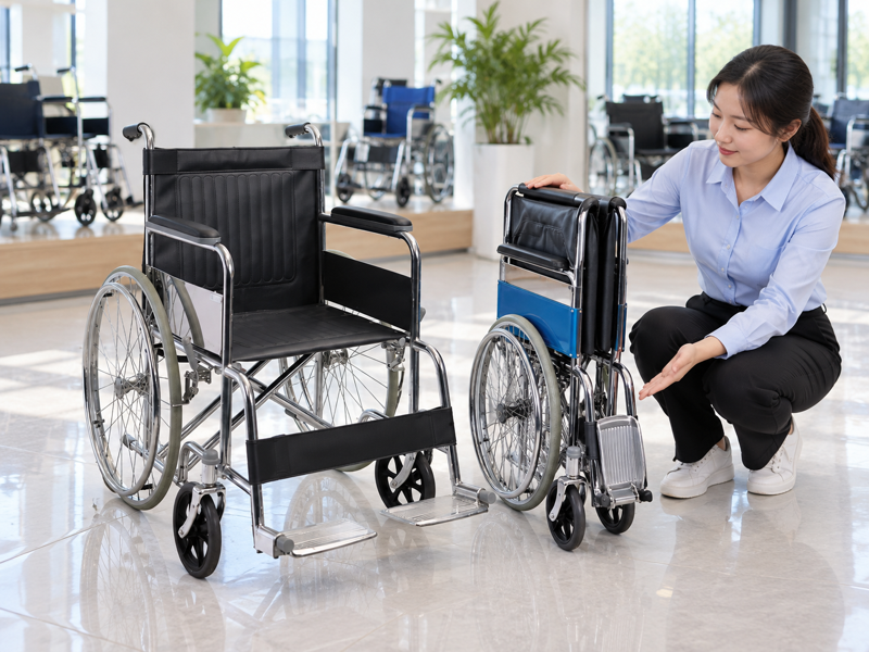 Illustrative open and folded views of a manual wheelchair in a mobility equipment showroom
