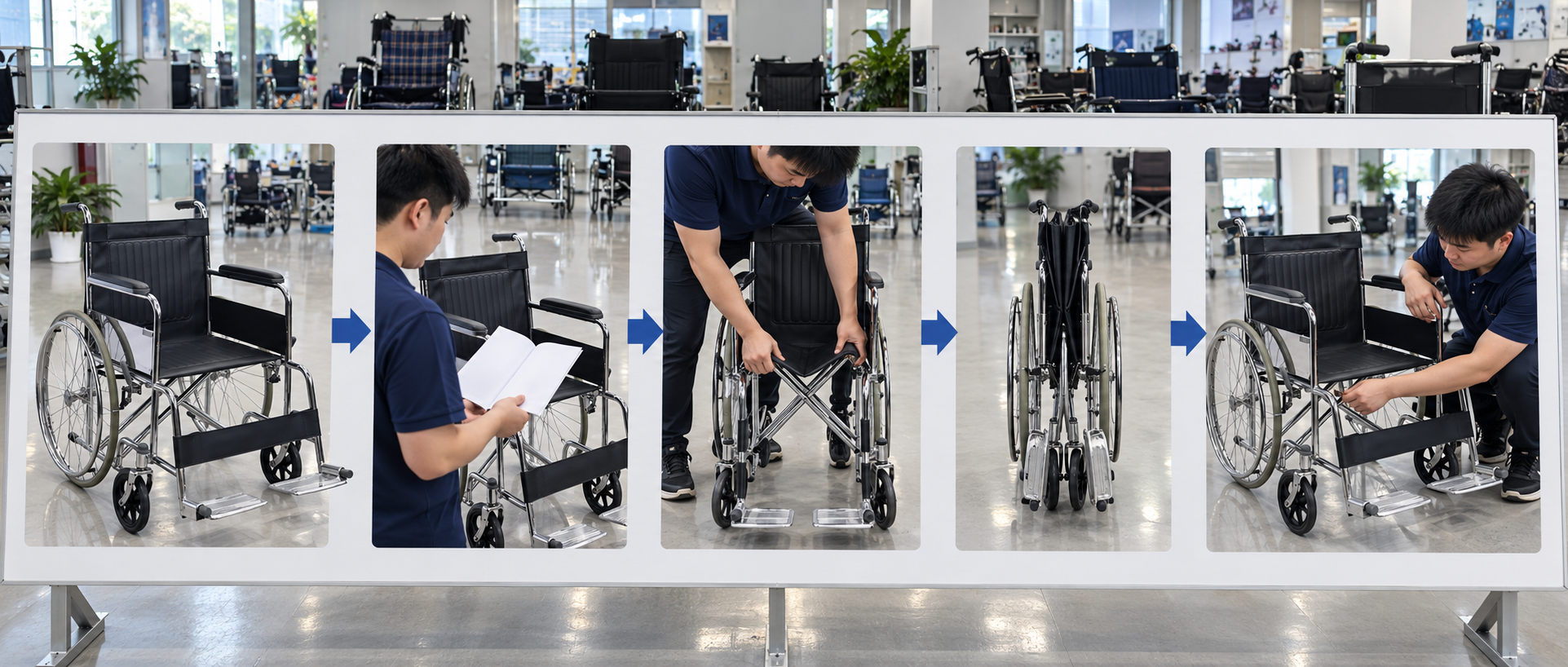 Photographic five-stage folding and reopening review chart for a manual wheelchair
