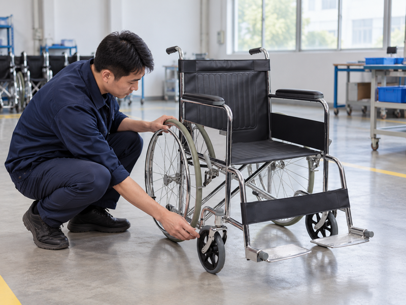 Illustrative technician review of rear wheel and front caster on a manual folding wheelchair