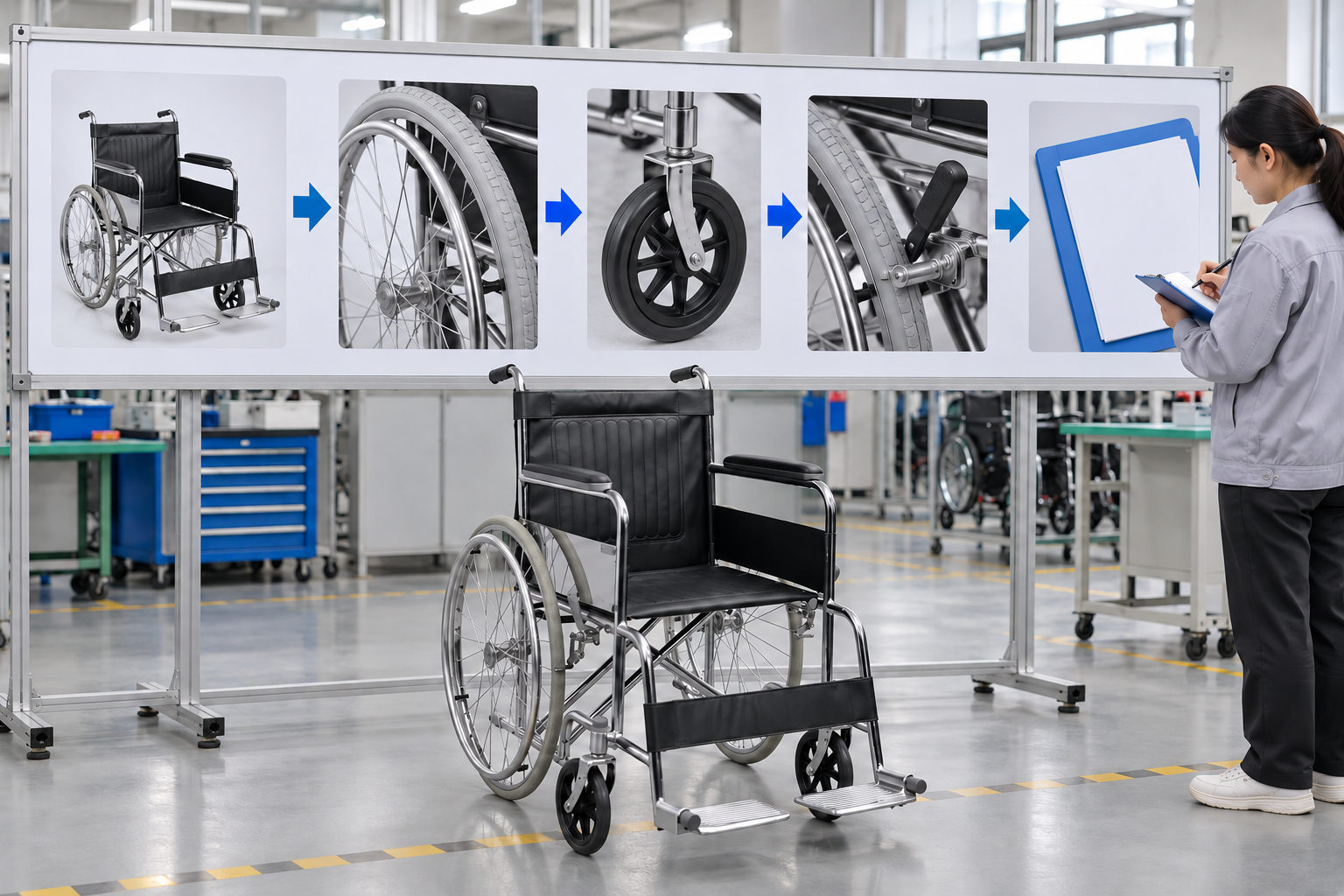 Photographic manual wheelchair wheel comparison chart with a blank pending service record