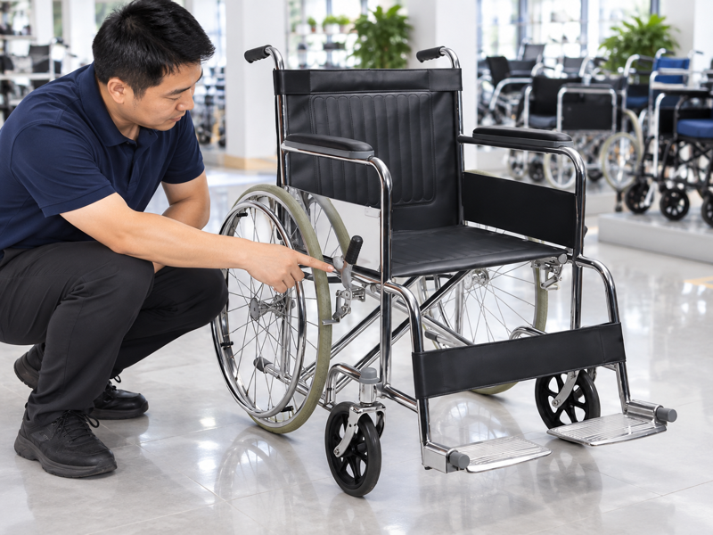 Illustrative showroom review of a manual wheelchair parking wheel lock