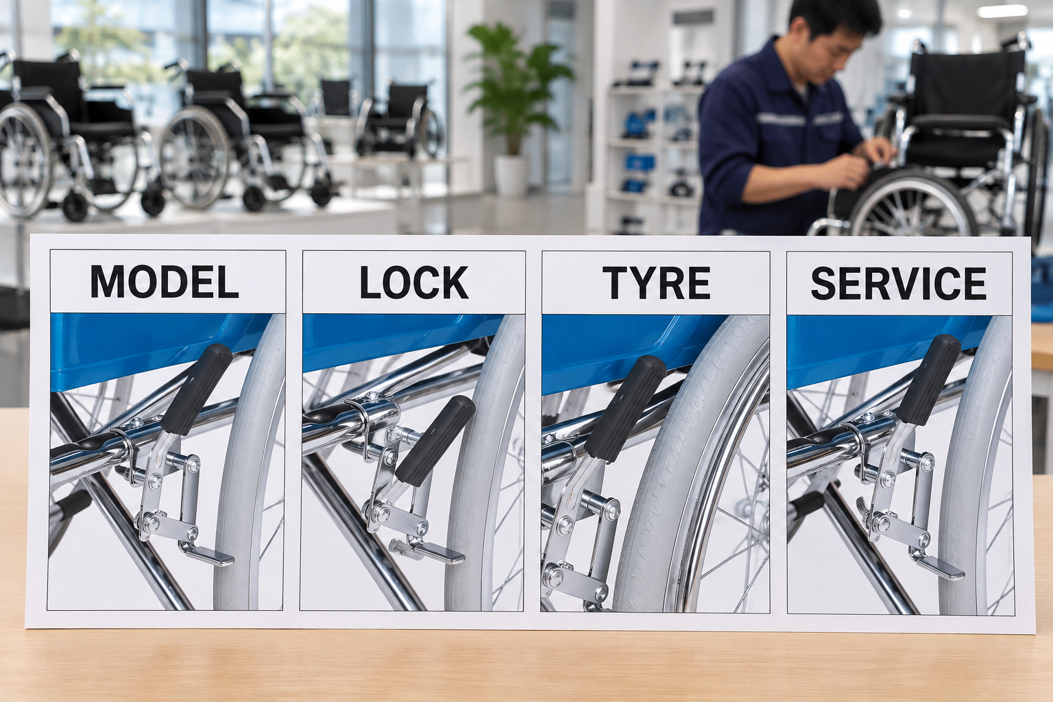 Photoreal parking-lock review chart showing model, lock, tyre and service stages