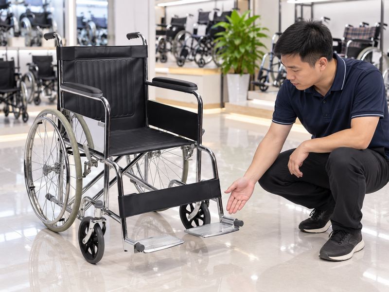 Illustrative showroom review of two separate manual wheelchair footplates