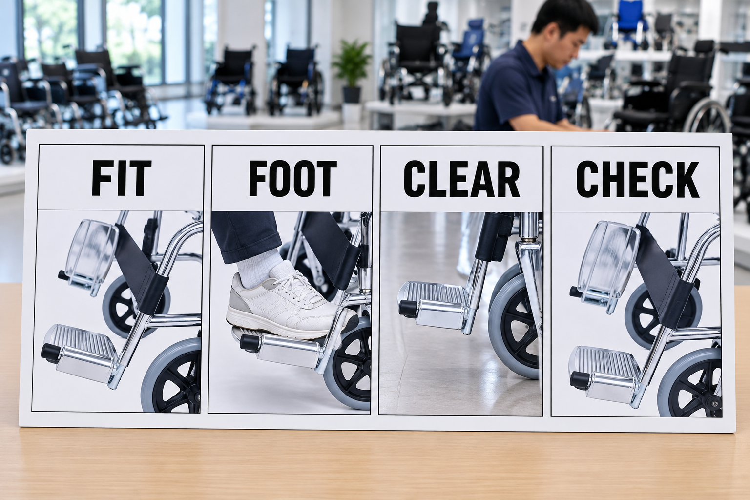 Photoreal footrest-review chart showing fit, foot, clear and check stages